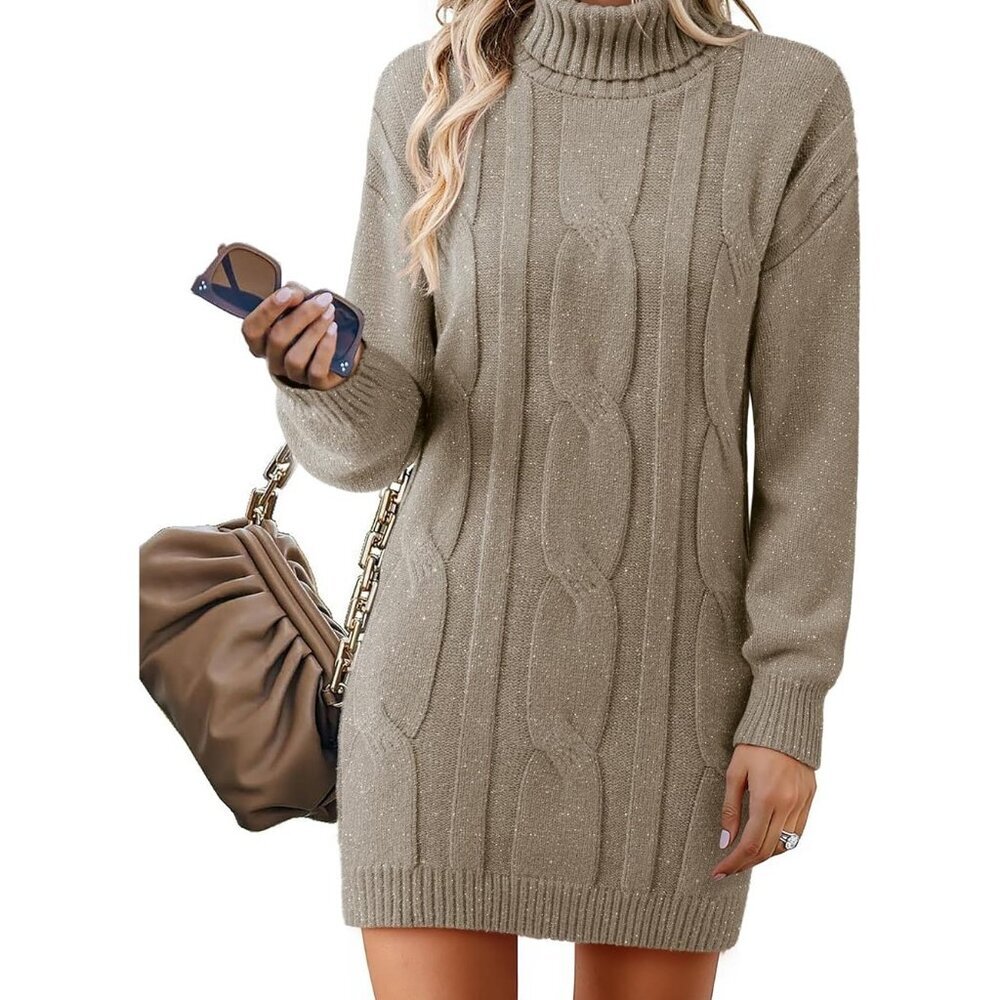 Women's Long Sleeve Turtleneck Sweater Dresses Ribbed Knit Midi Dress Beige
